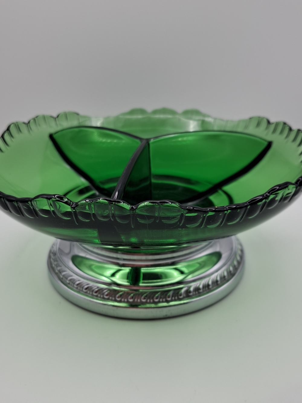 ​Vtg Farber Bros Krome Kraft Emerald Green Glass 3 Part Divided Candy Dish 7"